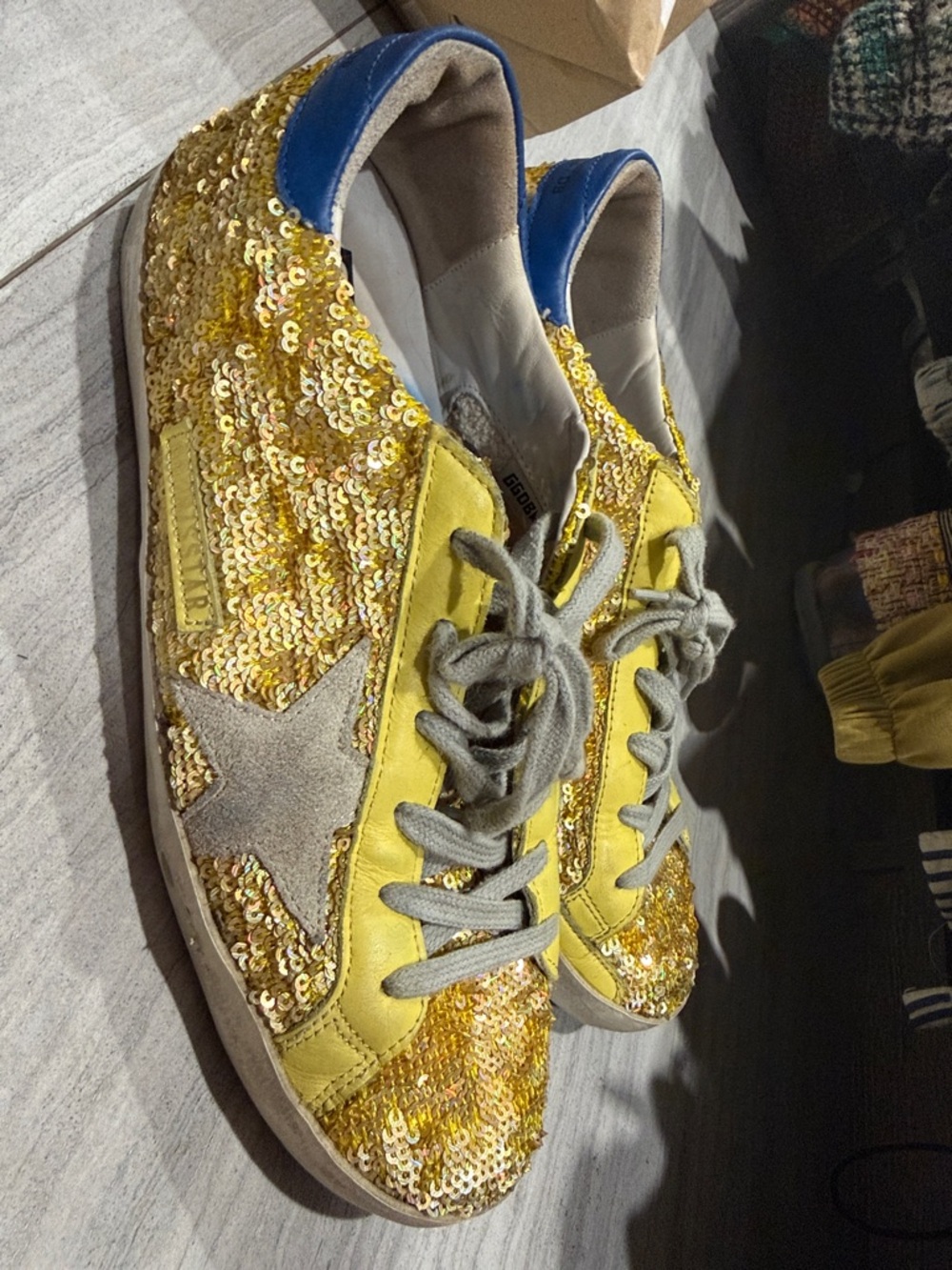 Golden Goose superstar Yellow Sequin Sneakers with Blue Heel - Picture 2 of 5